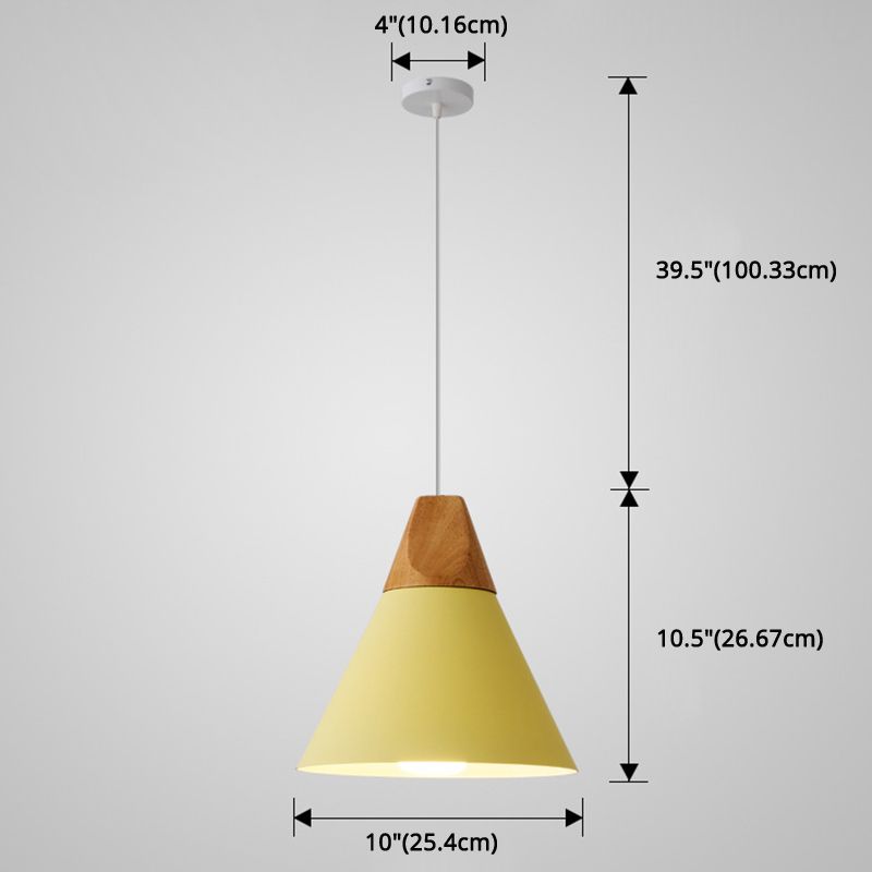 Metal Tapered Hanging Light Nordic Style 1 Light  Restaurant Ceiling Pendant Lamp  with Wooden Top