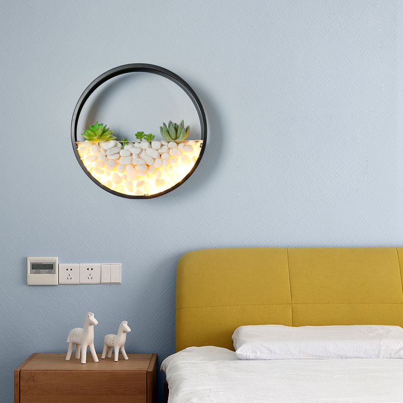 Loop Shaped Wall Sconce Light Decorative Metal Bedroom LED Wall Light with Faux Succulents and Pebbles