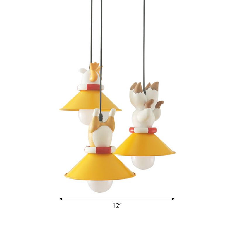 Cono de metal Multi -techo Luz dibujos animados 3 Bulbos Amarillo Costón colgante con animales Resina Deco