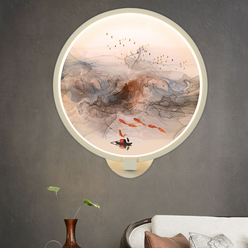 White Rounded Fish and Bird Wall Light Chinese Style LED Acrylic Wall Mural Lamp for Hallway