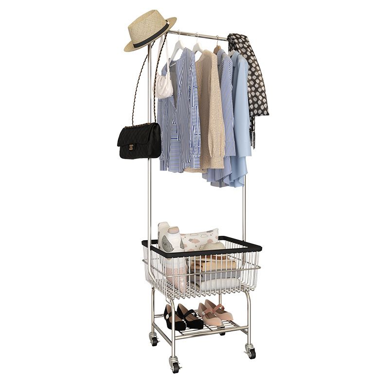 Industrial Metallic Coat Hanger Free Standing Coat Rack with Storage Basket