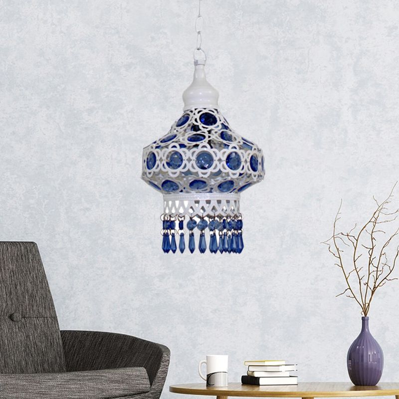 Lantern Metal Ceiling Pendant Bohemian 1 Light Living Room Hanging Ceiling Light in White/Blue