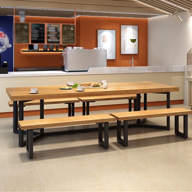 Black Metal Trestle Base Dining Table Rectangle Solid Wood Top Kitchen Dining Table