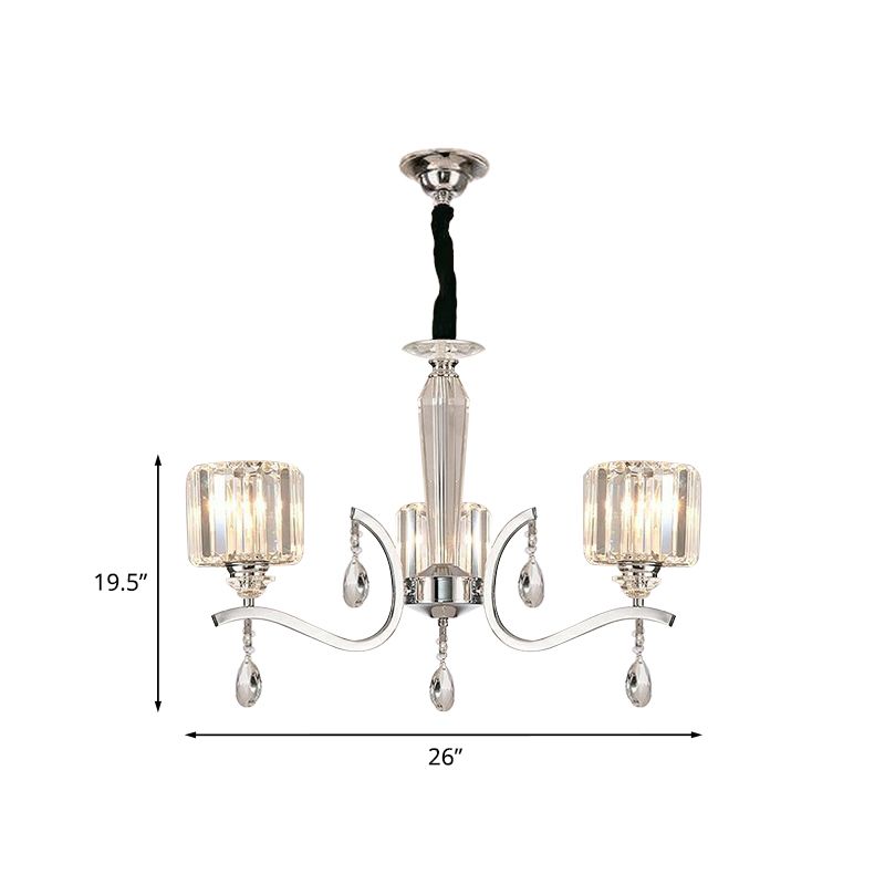 3-Bulb Chandelier Lamp Contemporary Cylindrical Crystal Hanging Light with Chrome Curved Arm