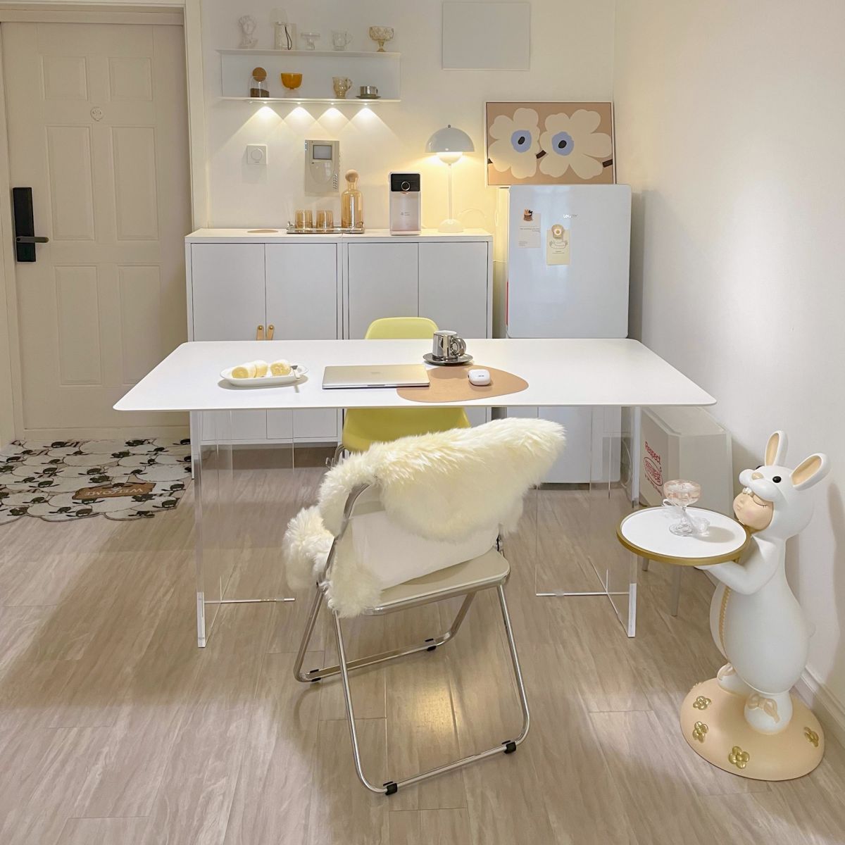 Contemporary White Rectangular Stone Dining Table with Acrylic Base