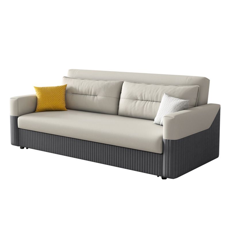 Grey and White Convertible Leather Sofa Square Arm Sofa Bed with Wooden Frame