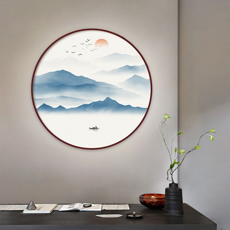 Blue River Scenery Mural Lamp Chinese Acrylic Round LED Flush Mount Wall Sconce in Warm/White Light