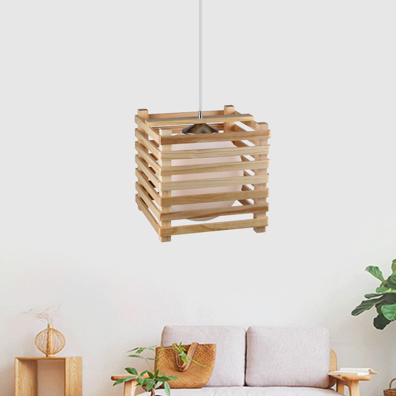 Globe japonés colgante de vidrio blanco 1 kit de lámpara colgante de luz con madera jaula cúbica para comedor