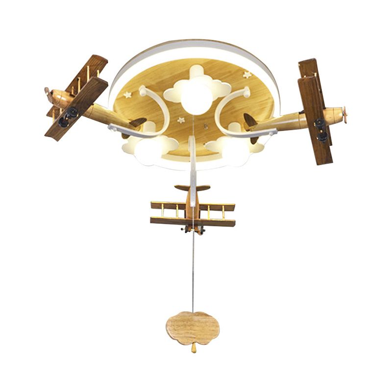 Yellow Cloud and Plane Flushmount Novelty Kids Style 3-Light Wood Ceiling Flush Light with Pulling Chain