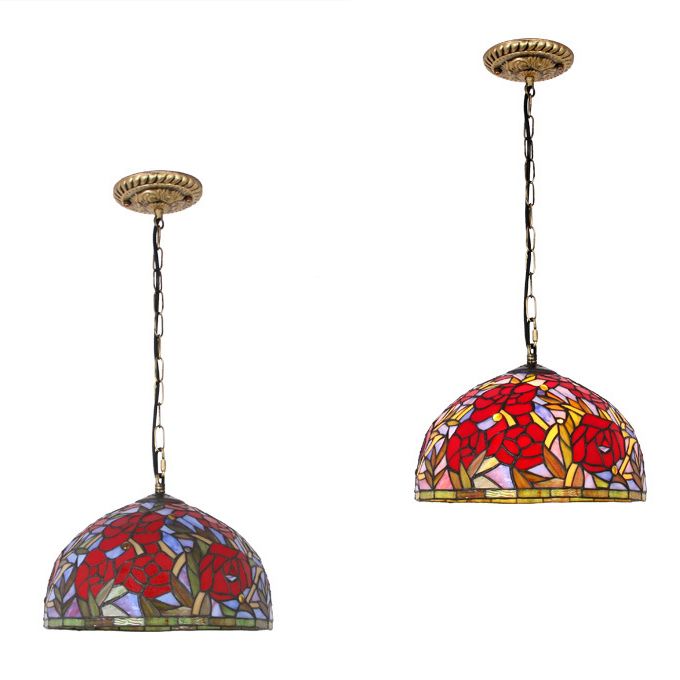 Accesorios de iluminación de colgante de vidrio manchado de cúpula de color rojo Tiffany Costil de techo con 1 luz