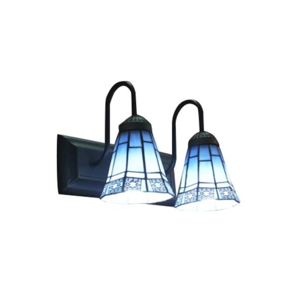 2 Head Living Room Wall Mount Light Tiffany Black Sconce Light with Flared Blue Glass Shade