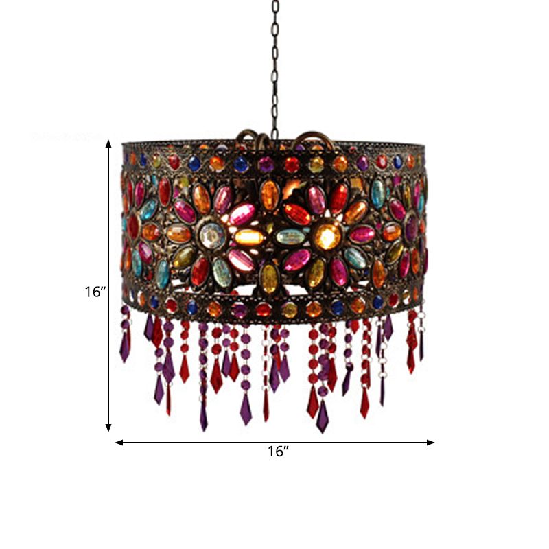 Drum Restaurant Chandelier Lighting Art Deco Metal 3 Bulbs White/Black Pendant Light Fixture with Crystal Accent