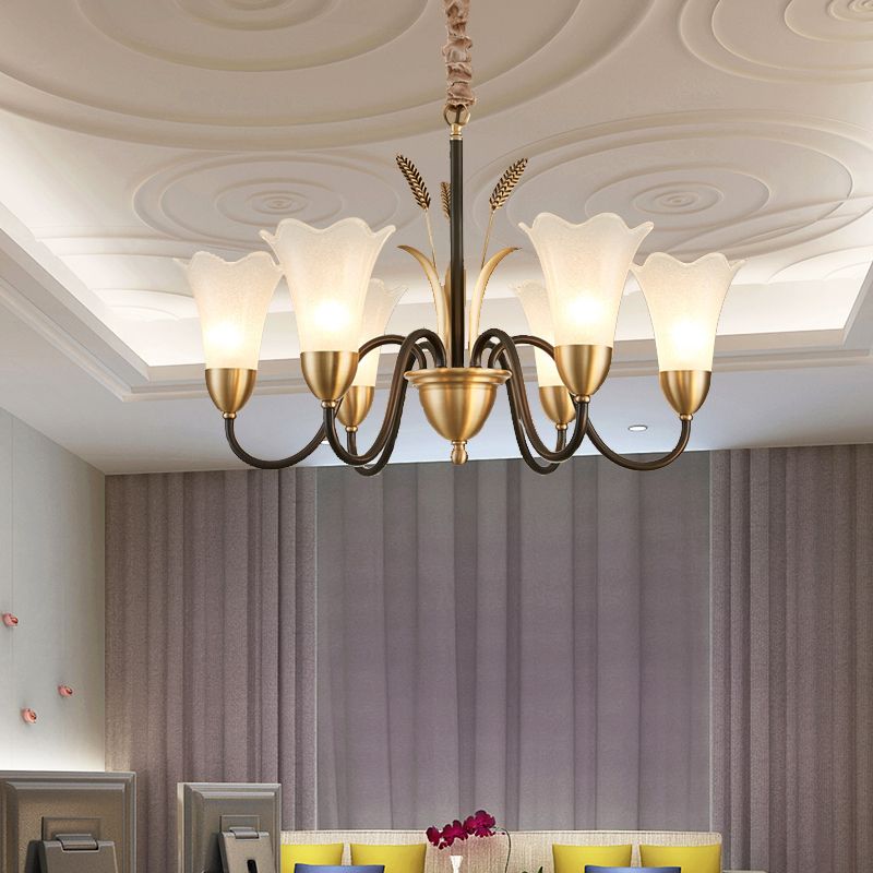 Country Style Mini Flower Pendulum Light 6/8 Bulbs Frosted Glass Hanging Chandelier with Scroll Arm in Black and Gold