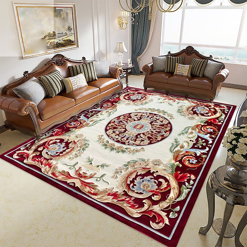 Red Living Room Area Carpet Shabby Chic Antique Pattern Area Rug Polyester Non-Slip Rug