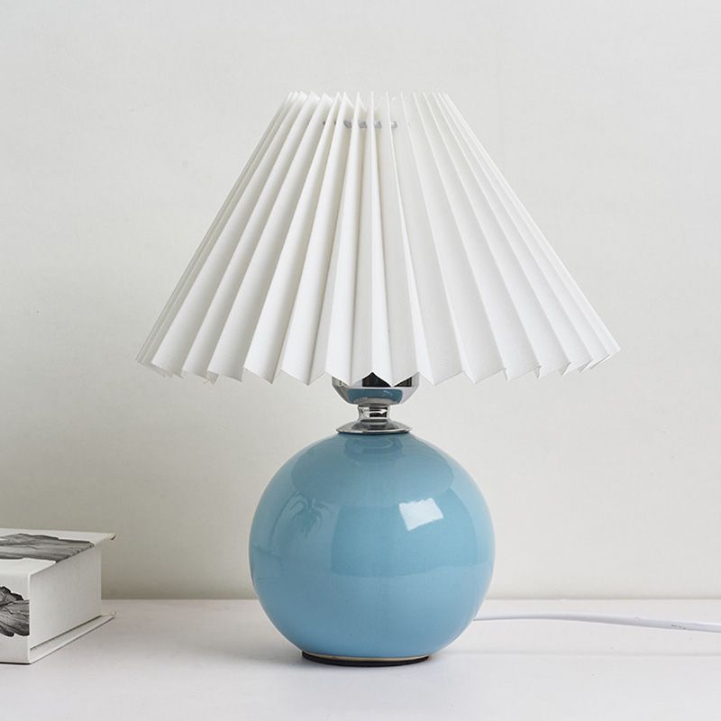 Globe Bedside Table Lamp Ceramic Modern Nightstand Lighting with Conical Pleated Shade