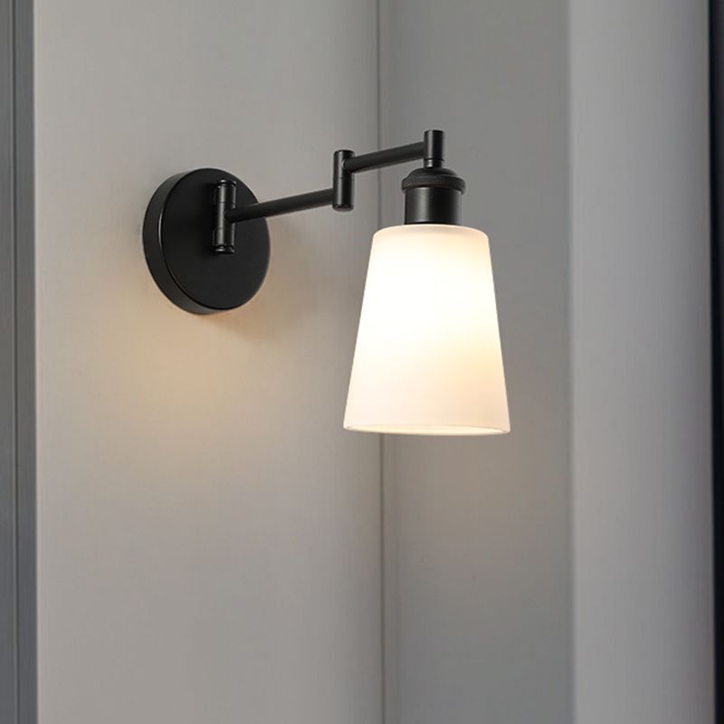 1 Light Wall Lighting Industrial Conical Milky Glass Sconce in Black for Living Room