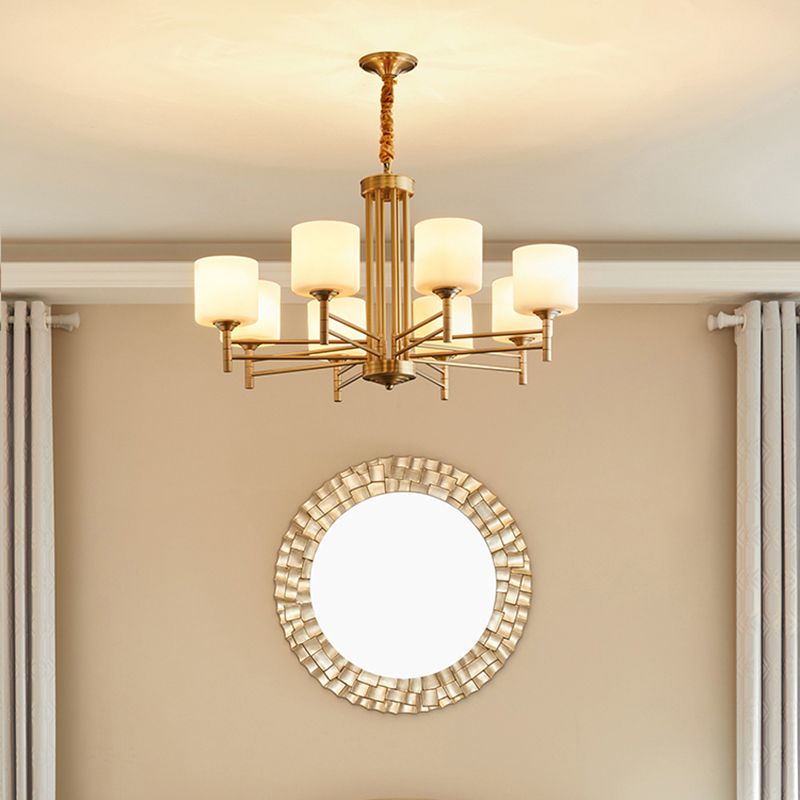 Brass Cylindrical Pendant Lighting Traditional White Glass Living Room Chandelier Lamp