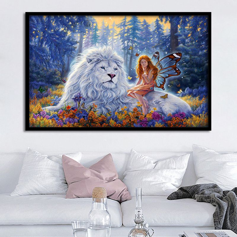 Lion Wrapped Canvas Mediterranean Mysterious Angel Wall Art Decor in Blue for Nursery