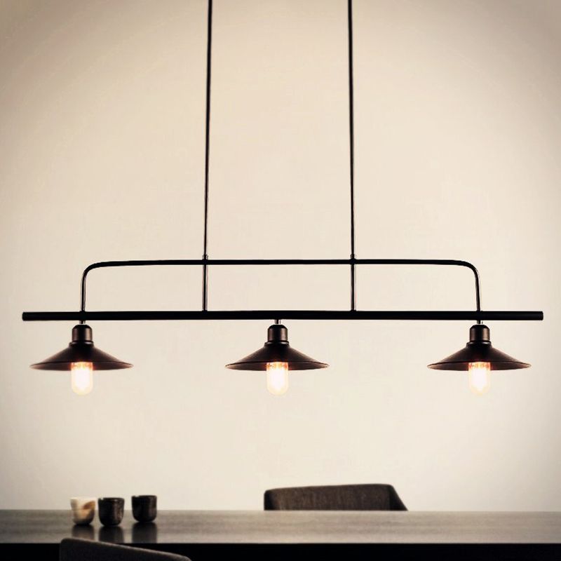 3-Lights Wrought Iron Island Light Industrial Style Metal Saucer Shade Lighting Pendant in Black