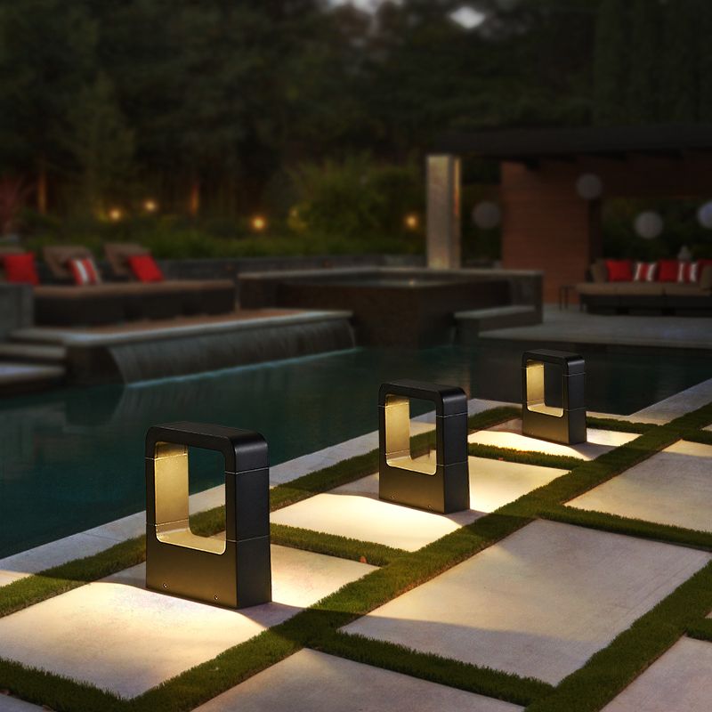 Contemporary Metal Pillar Lamp Rectangle Shape Outdoor Waterproof Light with Glass Shade
