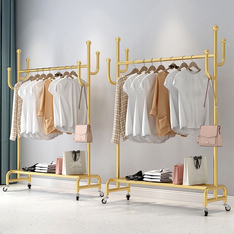 Classic Metal Clothes Hanger Castors Detail Free Standing Coat Rack with Storage Shelving