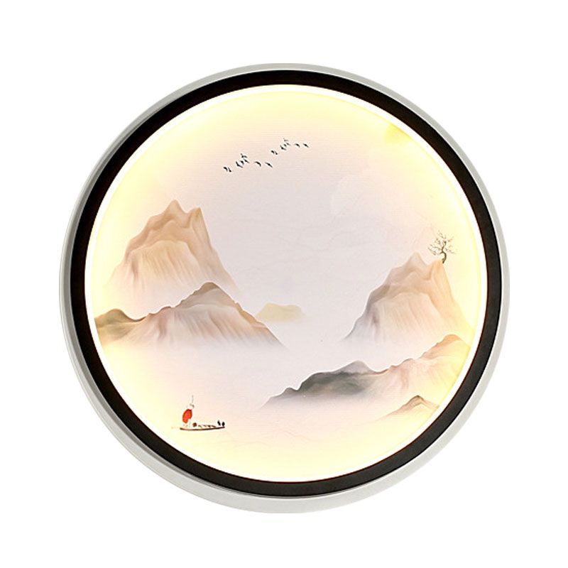 Foggy Mountains Scenery Fabric Mural Lamp Chinese Style Black LED Wall Light Sconce