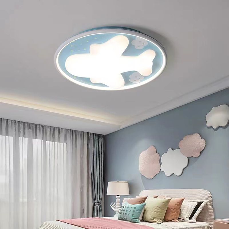 1 - Light LED Flush Mount Light Round Kids Style Flush in Blue and White