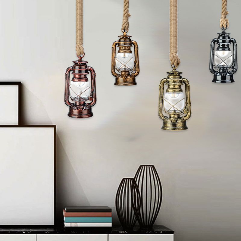 Lámpara de techo de linterna de vidrio transparente náutico 1 cabezal colgante con cuerda de cáñamo
