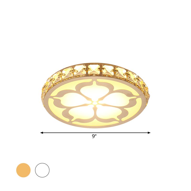 Round Flush Mount Lamp Modernity Faceted Crystal White/Gold LED Ceiling Light Fixture with Flower Pattern