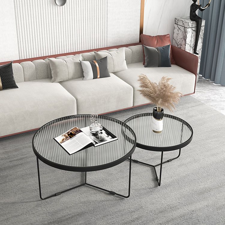 Round Clear Glass Cocktail Table Set Contemporary Cross Legs Coffee Table in Black