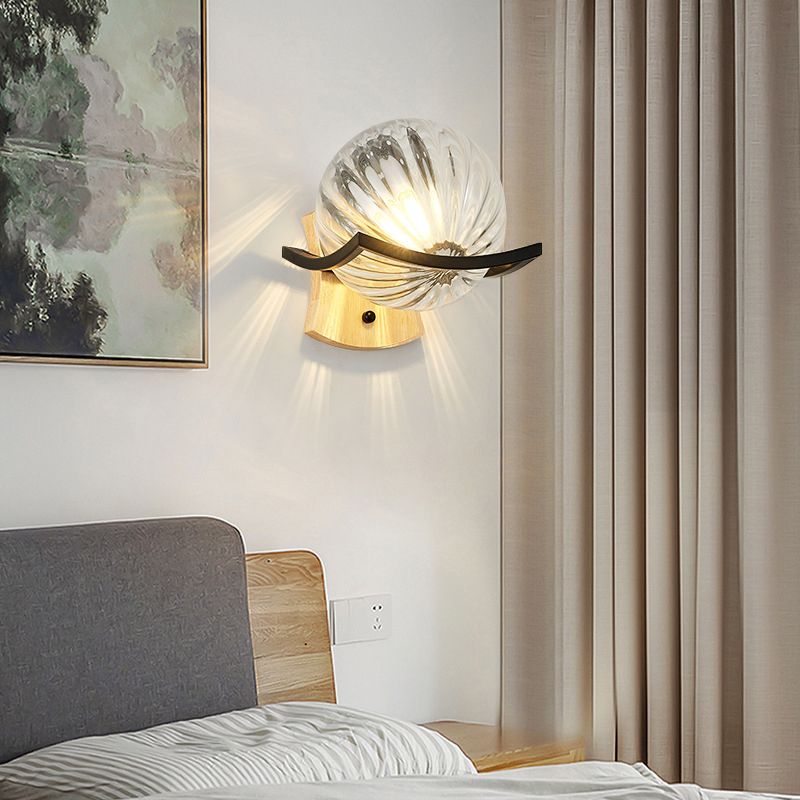 Modern Style Wooden Wall Sconce Glass Shade 1 Light Wall Mount Light Fixture for Living Room