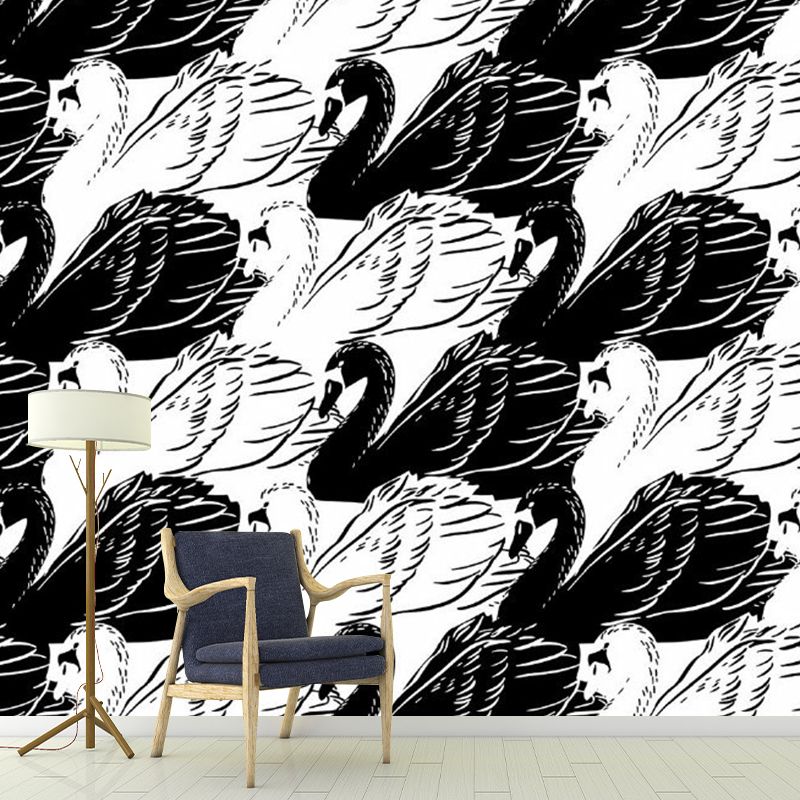 Black-White Swan Wall Murals Decal Stain-Resistant Wall Covering for Living Room