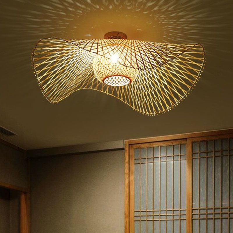 Straw Hat Flush Mount South-east Asia Bamboo Single Wood Flushmount Ceiling Light for Restaurant