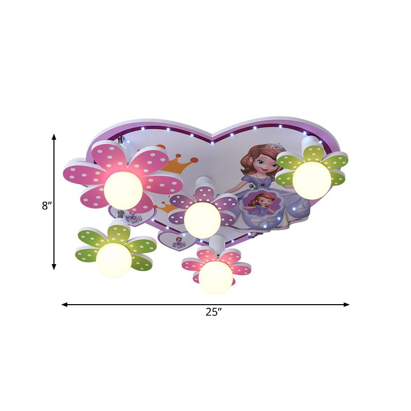 Colored Flower Princess Ceiling Lamp Kids 5-Light Wood Flush Mounted Lighting with Orb White Glass Shade