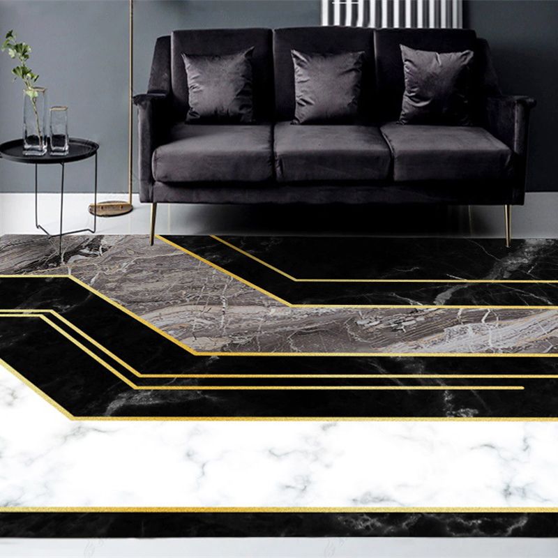 Novelty Modern Rug in Black Color Block Marble Pattern Area Rug Polyester Washable Carpet for Home Decoration