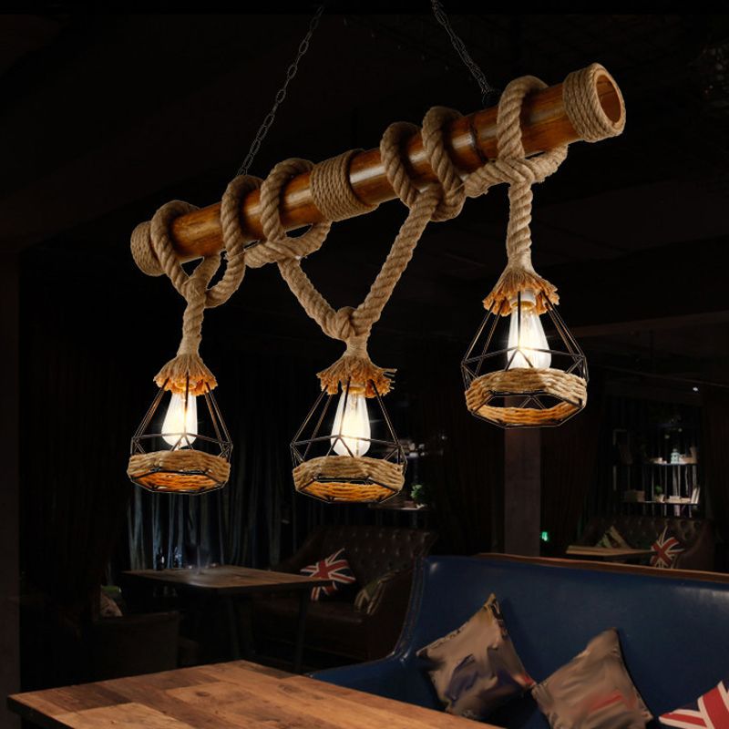 3 - Head Industrial Kitchen Island Fixture Hemp Rope Ceiling Pendant Light