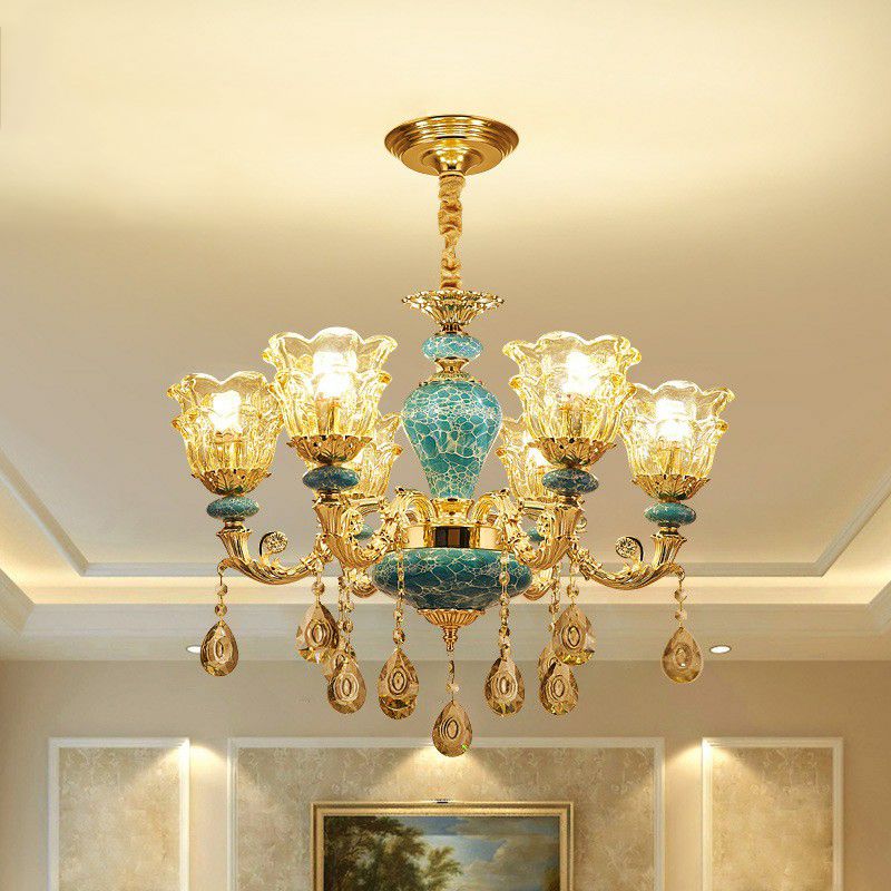 Luxe traditionele bloem omhoog kroonluchter helder glazen ophanging licht in blauw met kristallen druppels