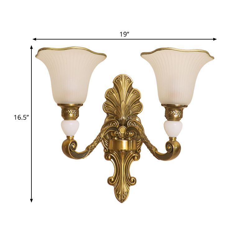 2 Heads Petal Sconce Lamp Traditional Style Frosted Glass Wall Lighting with Gold Metal Arm