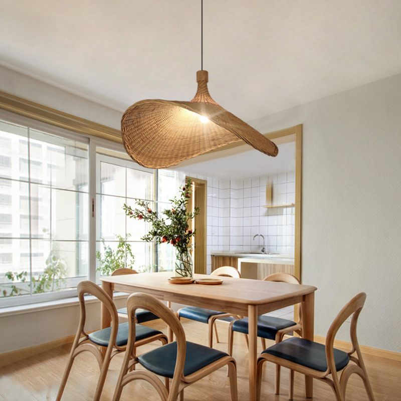Hat geformte Bambusdecke Leuchte asiatischer Stil 1 Glühbirnenholz hängend Licht für das Restaurant