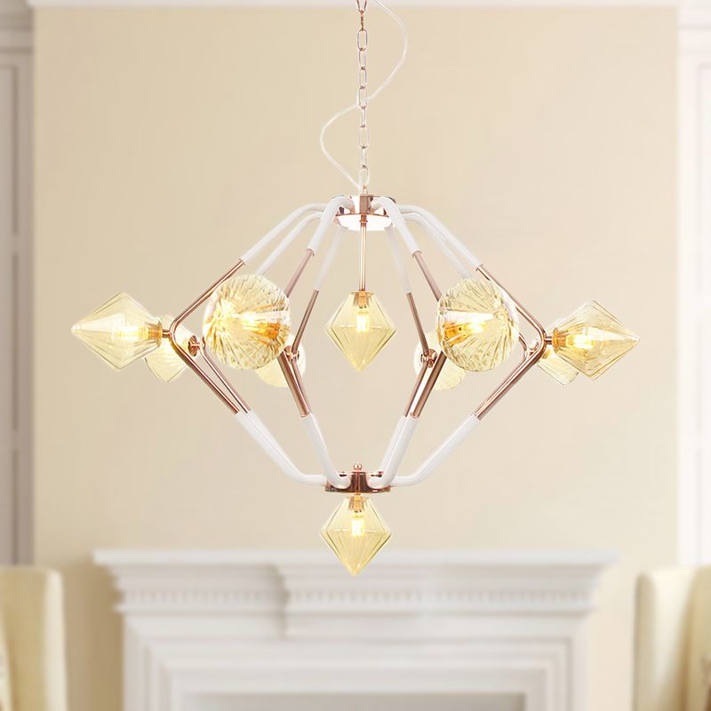 10 Lights Bedroom Chandelier Lighting Modern Rose Gold LED Hanging Ceiling Lamp with Diamond Amber Glass Shade