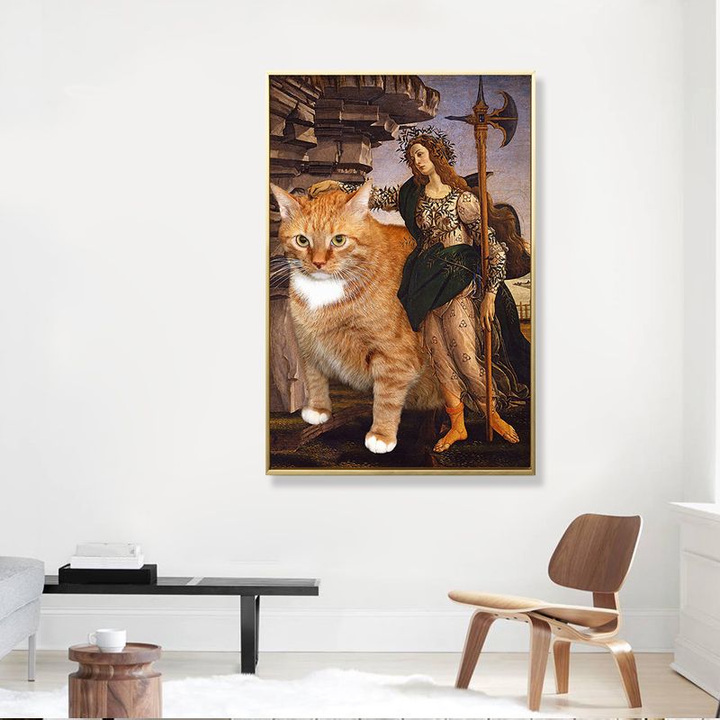 Brown Retro Style Wall Art Mixed Media Woman with Her Cat Ride Canvas for Bedroom