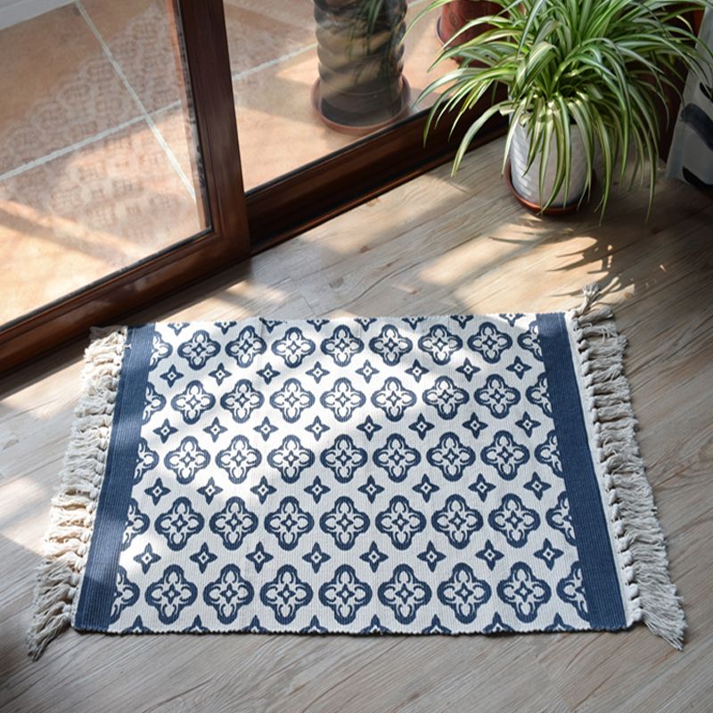 Moroccan Tribal Floral Pattern Rug Blue and Grey Cotton Rug Non-Slip Pet Friendly Washable Carpet for Living Room