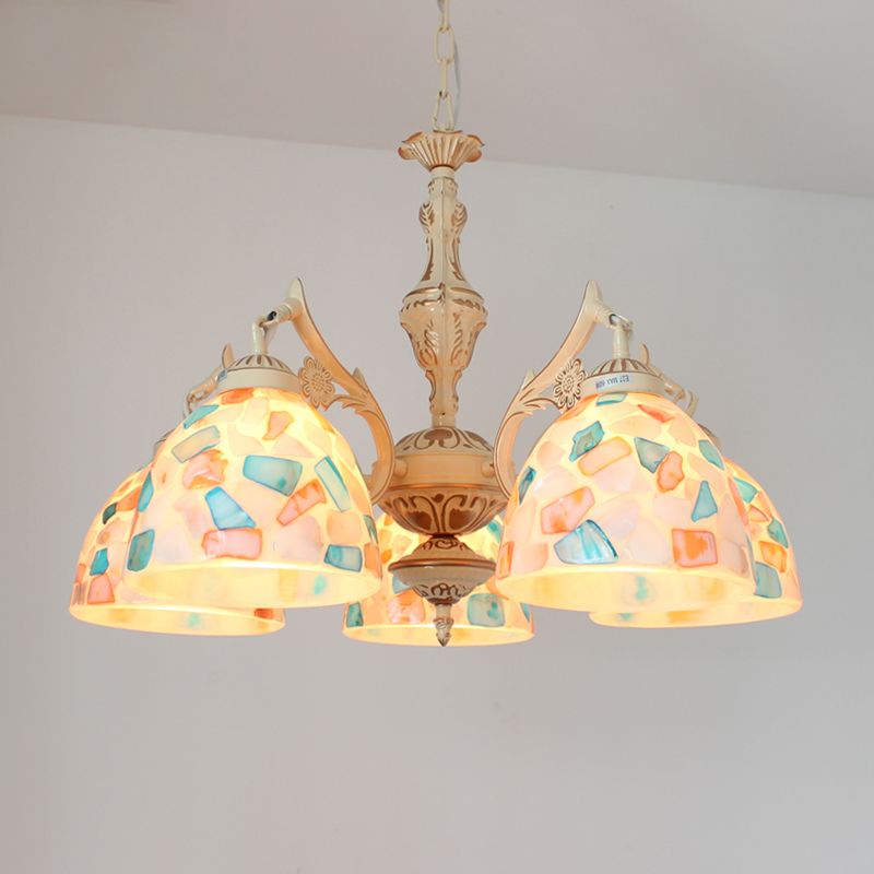 3/5 lumières Plafond lustre Tiffany Mosaic Shell Suspension Suspension en blanc pour chambre, haut / bas