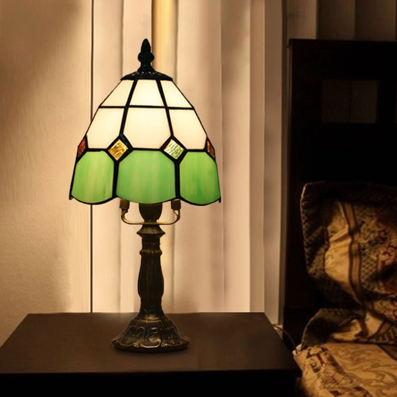 Dome Night Light Mission Stained Art Glass 1 Head Beige/Yellow/Orange Grid Patterned Nightstand Lighting for Bedroom