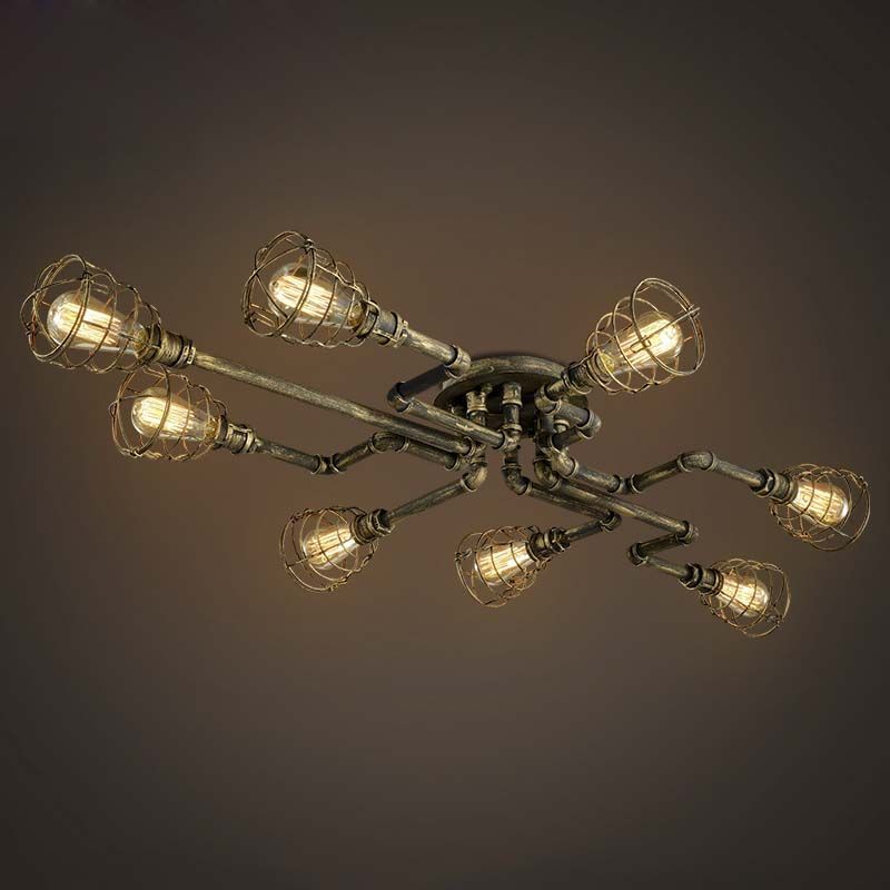Bronze Twisted Pipe Close to Ceiling Lamp with Cage Shade Antique Style Metal 8-Light Indoor Ceiling Lighting
