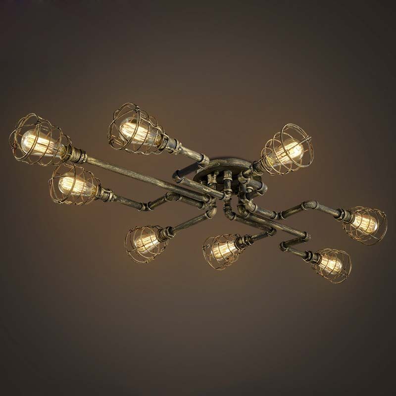Tubo trenzado de bronce cerca de la lámpara de techo con pantalla de jaula Iluminación de techo interior de metal de estilo antiguo con 8 luces