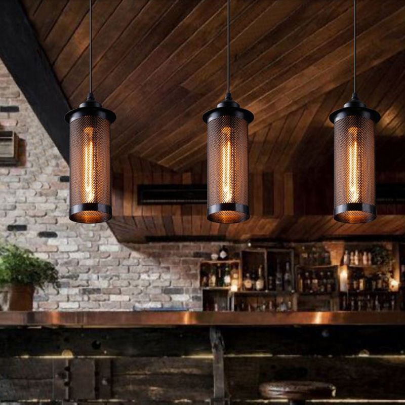 Metal Black/Rust Hanging Pendant Lamp Cylindrical 1 Head Industrial Ceiling Lighting with Mesh Cage Shade