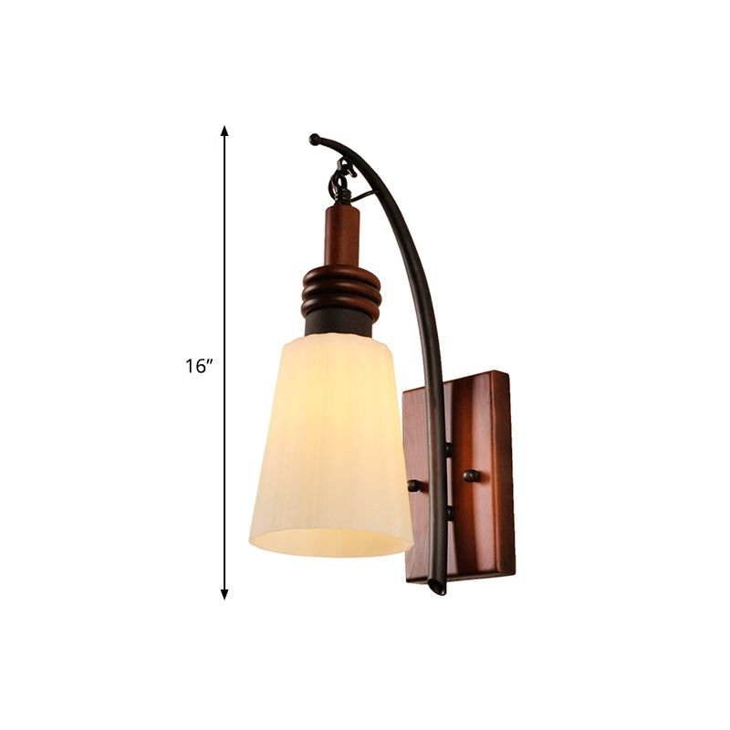 Contemporary Cone Sconce Light Fixture Opal Glass and Wood 1 Head Bedroom Wall Mounted Light in Red Brown