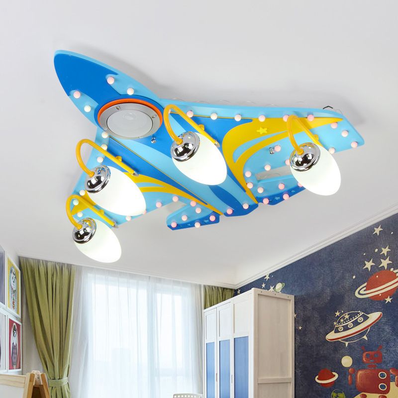 Jet Close to Ceiling Lighting Fixture Cartoon Wooden 4 Heads Bedroom Flush Light in Blue