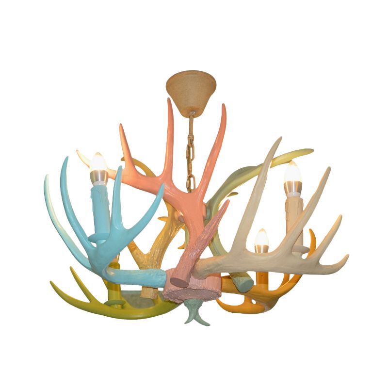 Macaron Antler Plafond Chandelier Résine 4/6 Bulbes Souce-suspension Child Room Light in Blue-Pink-Yellow avec design de bulbe ouvert